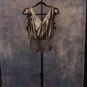 Nine West Metallic Bronze Ruffle Sleeve Smocked Waist Blouse